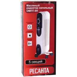Масляный обогреватель РЕСАНТА ОМПТ- 5Н [67/3/2] 1кВт, 290?140?650, 5 секций, 6,3 кг}
